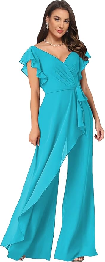 Chiffon Mother of The Bride Jumpsuits for Women Asymmetrical Pant Suits Flutter Sleeve V Neck Formal Evening Outfits