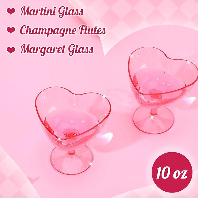 Valentine's Day Pink Couple Glasses Set of 2, Mr and Mrs Champagne Flutes Gift 10 oz Heart Shaped Romantic Martini Glasses Bride and Groom Champagne Flutes Toasting Cups Wedding Party Supply