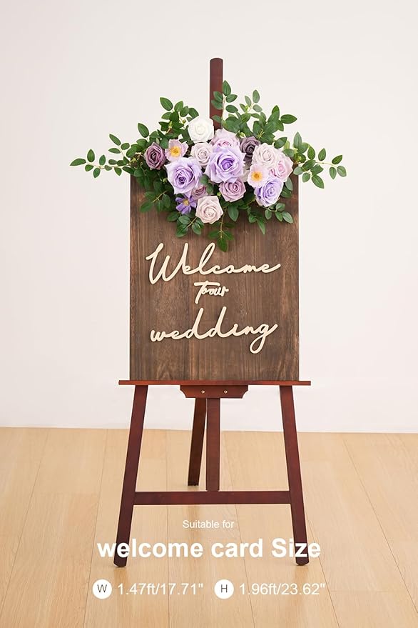 2pcs Purple Deluxe Welcome Sign Artificial Flowers Wedding Backdrop Garland Hanging Floral Arrangements for Ceremony Reception Entryway Board Sweetheart Table