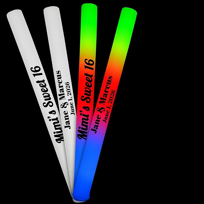 Pack of 100 with Yard Sign, Custom LED Party Foam Light Sticks for Wedding, Birthdays, Guests, Party, DJ, Concerts, Festivals, Events, Promotions 3 Color Lighting Modes Batteries 16"