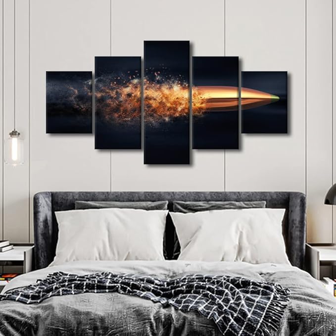 Flying Bullet with Dust Trail Canvas Print Pictures Framed Modern Contemporary Paintings on Canvas Posters and Prints Wall Art for Living Room Decor 5 Piece Set Framed Ready to Hang 60x32 in