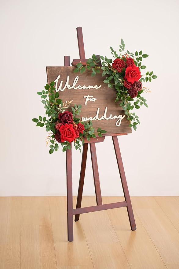 2pcs Burgundy & Red Deluxe Welcome Sign Artificial Flowers Wedding Backdrop Garland Hanging Floral Arrangements for Ceremony Reception Entryway Board Sweetheart Table