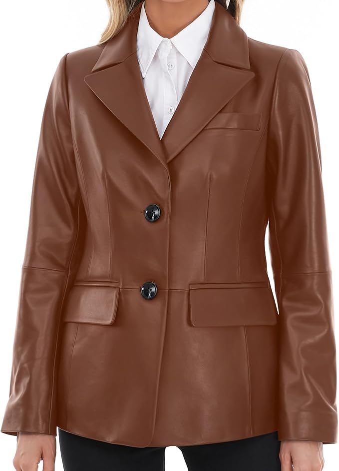 SILVER FASHIONS Lambskin Leather Jacket Women,Long Sleeve Button Front Leather Blazer,Notched Lapel Casual Style,Vent Detail