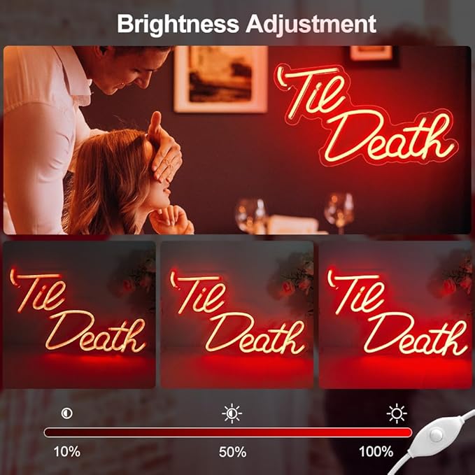 JXIN Til Death Neon Sign for Wall Decor, Til Death LED Neon Light Signs for Wedding Engagement Birthday Anniversary Proposal Party Bedroom Office, Wedding Gifts for Loved Ones, 16"x9" Red