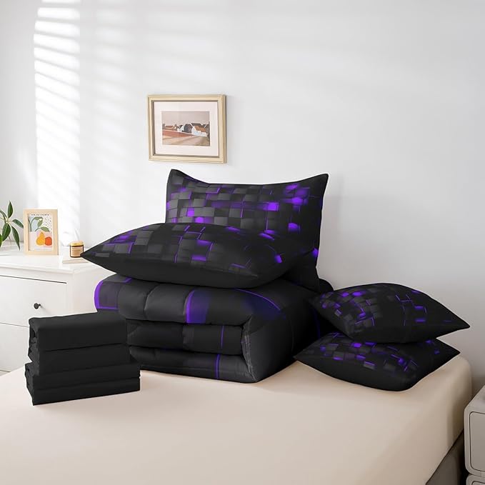 Feelyou Purple and Black Bedding Set Full Size Kids Light Geometric Comforter Set with Sheets 7 Piece Bed in a Bag forModern Bed Set with Comforter,Sheets,Pillowcases,Cushion Covers