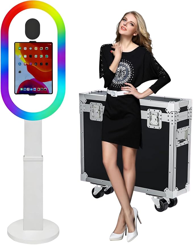 Photo Booth Shell Compatible with iPad Tablet 10.2'' 10.5’’ 10.9'' 11'' 12.9'' 13'' Selfie Protable iPad Photo Booth Machine with Flight Case for Parties Wedding Rental (White, Photo Booth Machine)