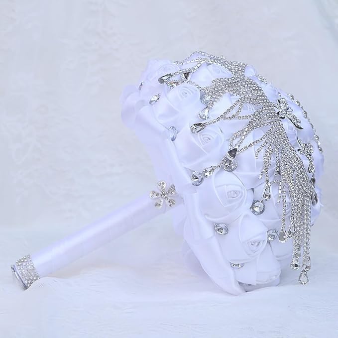White Bridal Wedding Bouquet Luxury Silver Rhinestones Brooch Bouquet for Bride Bridesmaid Quinceanera Artificial Satin Rose Flower Bouquet Wedding White 9.5in