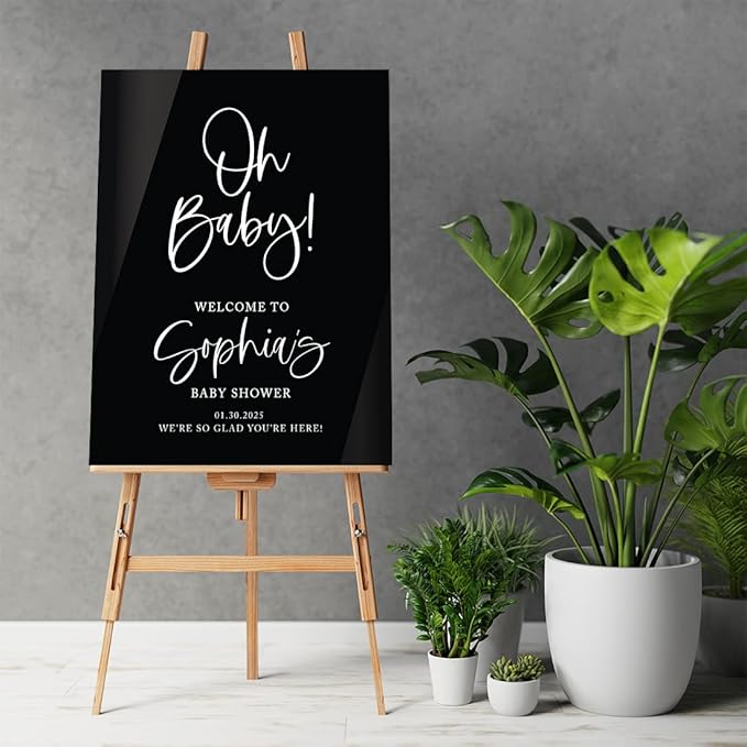 Andaz Press 16"x20" Black Acrylic Personalized Baby Shower Welcome Sign, Gender Neutral Large Oh Baby Sign for Easel Stand, Baby Shower Decorations