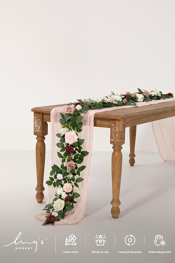 Ling's moment 5FT Dusty Rose Artificial Flower Garland Blush Rose Leaves Floral Garland Arch Flowers Vine for Wedding Party Backdrop Decor Mantel Home Table Centerpieces Wall Decorations Cream