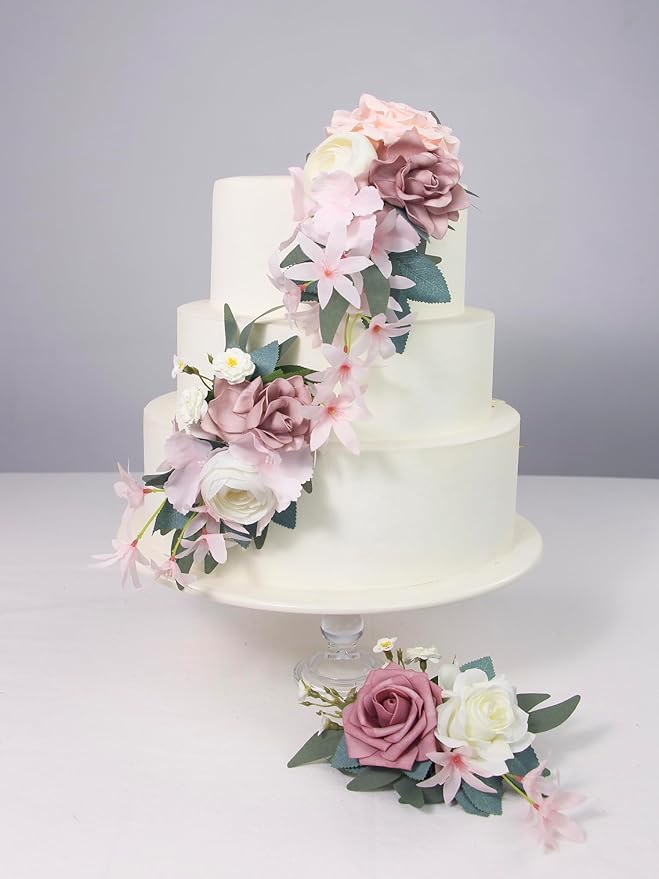 Rinlong 3Pcs Pre-made Cake Flowers Dusty Pink Cake Decorations Wedding Cake Decorating Flowers Decor Birthday Baptism Party Artificial Flowers Cake Toppers