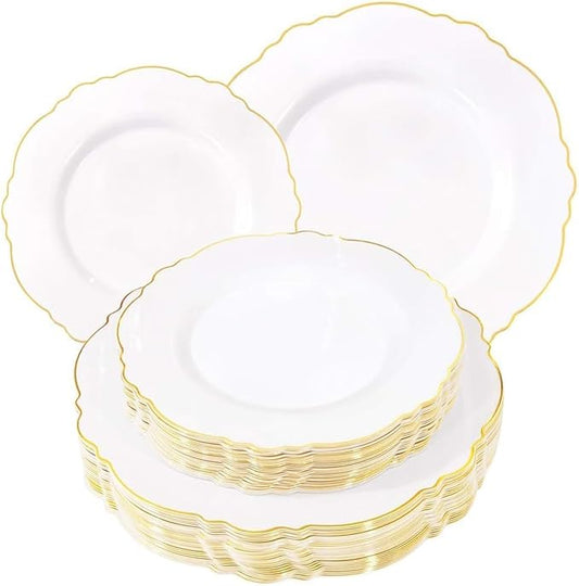 WDF 60pcs White and Gold Plastic Plates - Baroque White With Gold of 30 Heavy Duty Gold dinner plates 10.25inch, 30 Salad Plates 7.5inch Perfect for Weddings/Party/Birthday/Valentine's Days