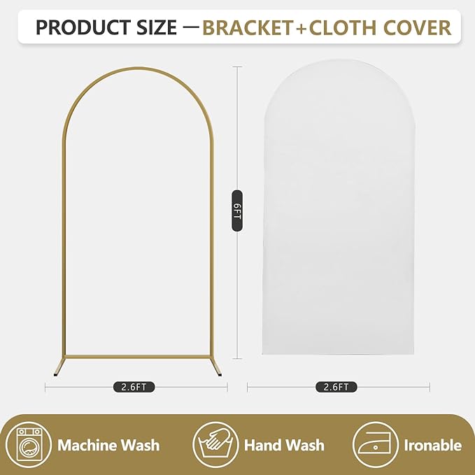 Arch Backdrop Stand and Cover Set, Metal Balloon Arch Backdrop 6ft, Gold Arched Stand Frame for Wedding, Parties,Birthday, Event Decorations (White,6ft)
