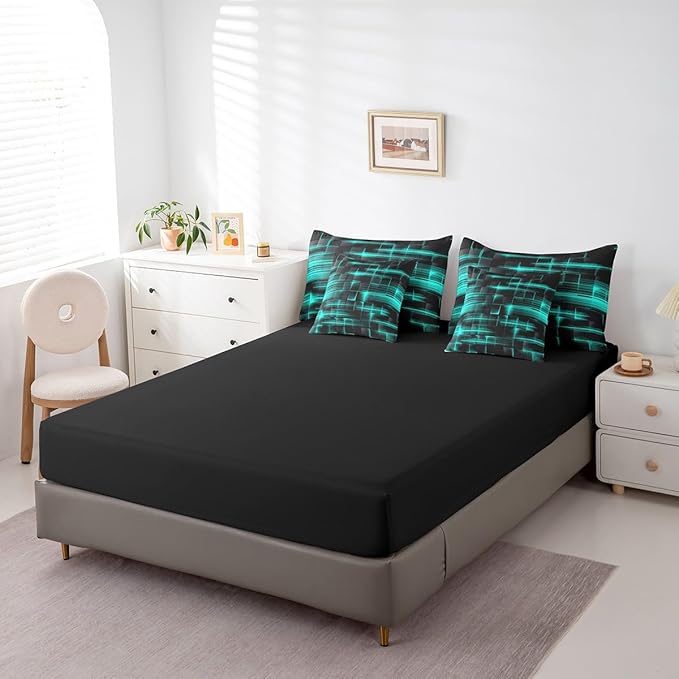 Feelyou TealBlue Black Bedding Set Full Size Boys Girls Geometric Strip Lines Comforter Set with Sheets 7 Piece forBed in a Bag Abstract Modern Bed Set with Comforter,Sheets,Pillowcases