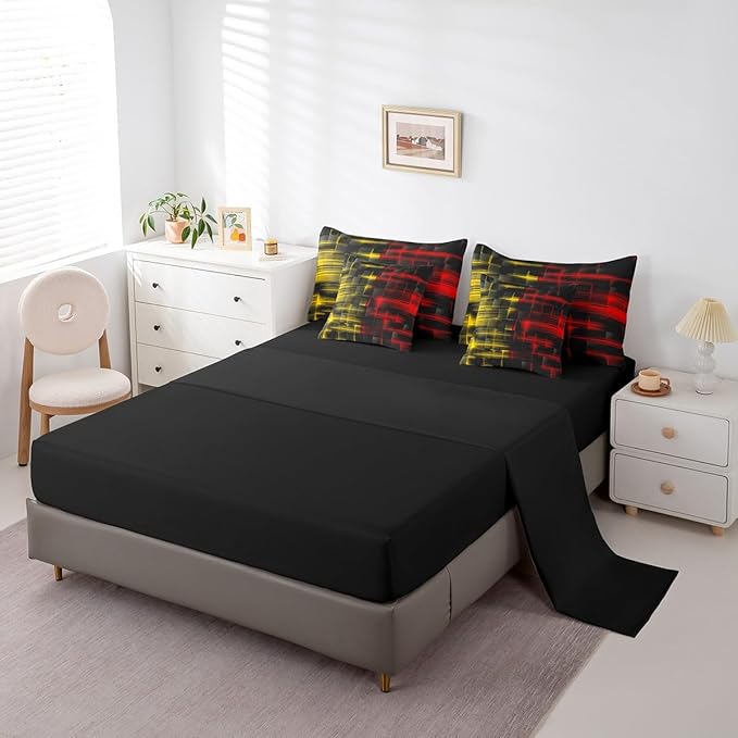 Feelyou Red and Yellow Comforter Set with Sheets 7 Piece Queen Size Kids Geometric Bed in a Bag Strip Lines Bedding Set Abstract Art Bed Set with Comforter, Sheets,Pillowcases,Cushion Covers