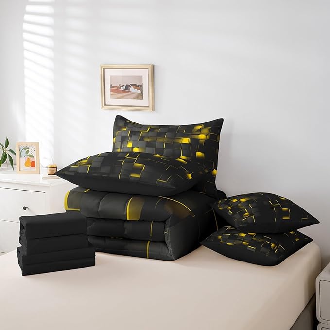 Feelyou Yellow and Black Bedding Set Twin Size Kids Light Geometric Comforter Set with Sheets 7 Piece Bed in a Bag forModern Bed Set with Comforter,Sheets,Pillowcases,Cushion Covers