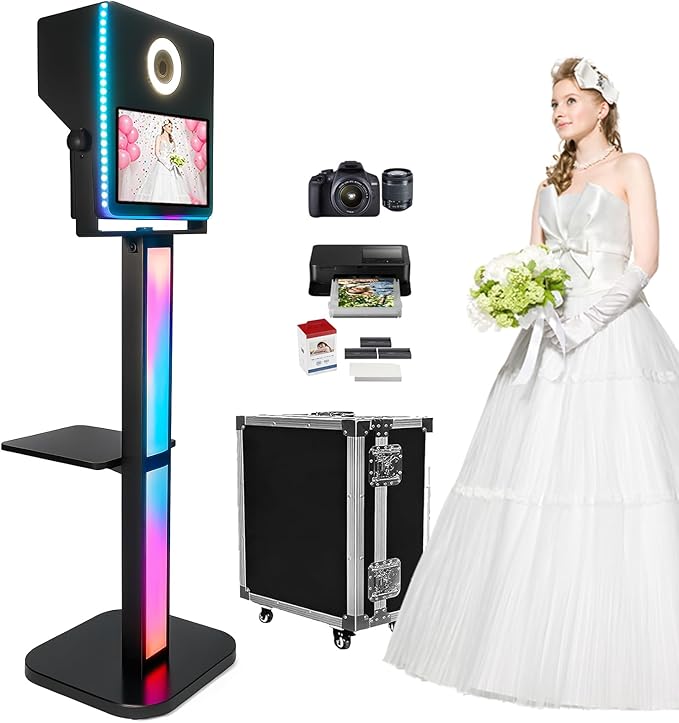 Mirror Photo Booth with Printer and Camera, DSLR Photo Booth 15.6 inch Touch Screen Selfie Portable Photobooth Machine RGB Light Stand for Events Wedding Birthday School Party (Black Color Full Set)