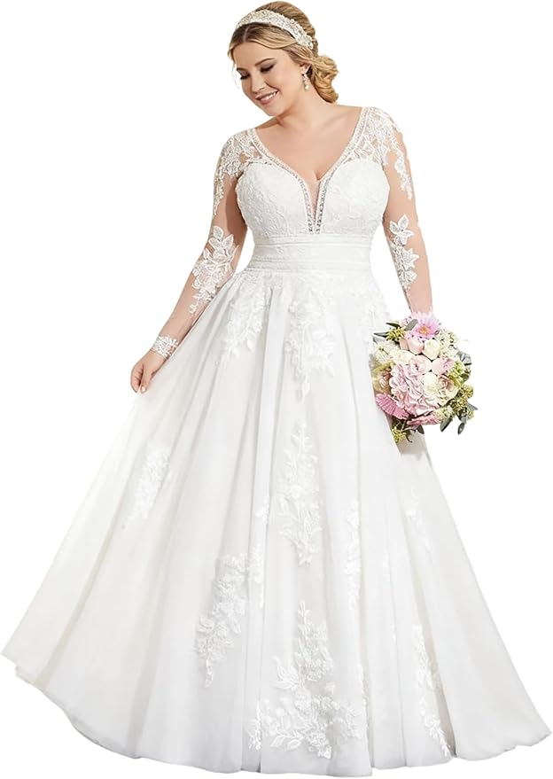 Plus Size Wedding Dresses for Bride Long Sleeve Wedding Bridal Gowns with Lace Appliques Off Shoulder Bride Dress