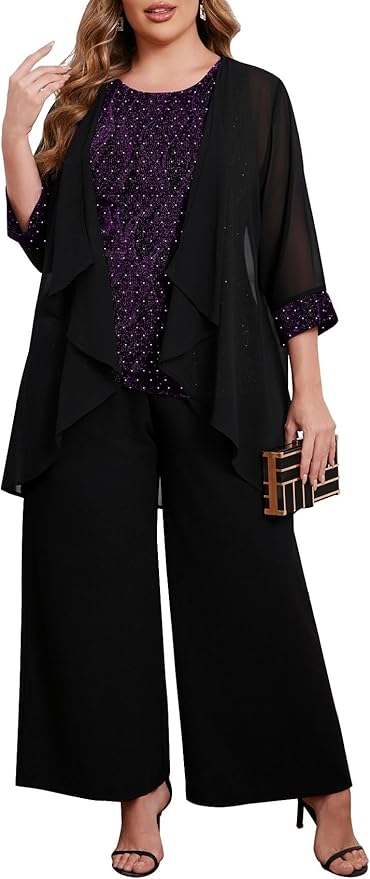ZOMVA Plus Size 3 Piece Formal Pantsuit Sparkly Chiffon Jacket Set Dressy Outfit Mother of The Bride Groom Wedding Cocktail
