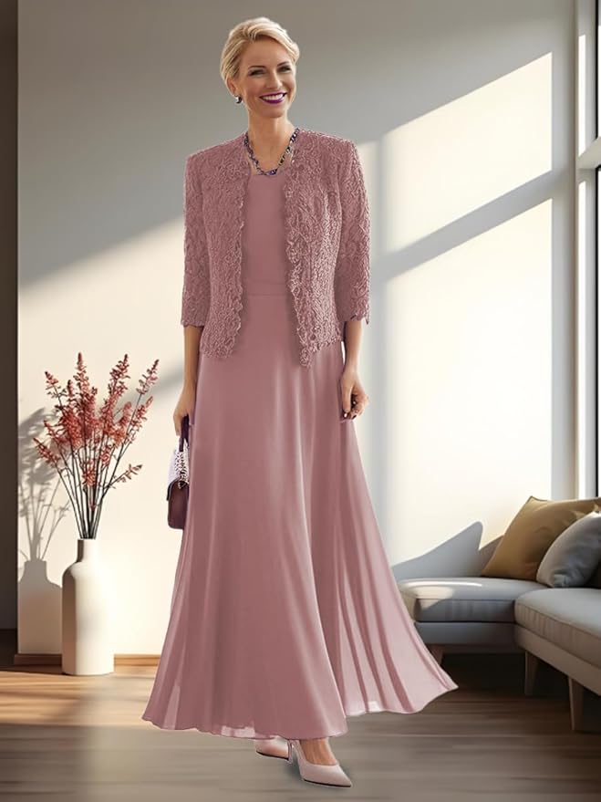 2 Pieces Mother of The Bride Dresses for Women Laces Mother of The Groom Dress 3/4 Sleeve Chiffon Formal Evening Dresses