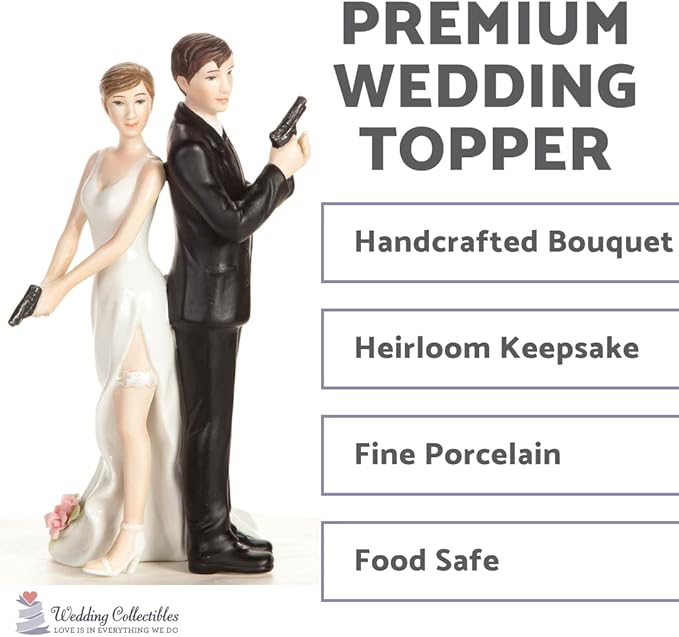 Wedding Collectibles Super Sexy Spy Guns Wedding Cake Topper with Bride and Groom | Fun, Sexy, Humorous Figurine | Fine Porcelain | 5.5 Inches