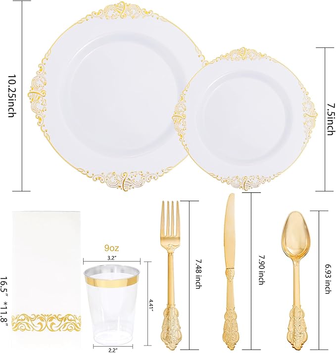 Nervure 350PCS Gold Plastic Dinnerware - White and Gold Disposable Plates for 50 Guests - 100 White Disposable Plates, 150 Plastic Silverware, 50 Cups, 50 Napkins for Wedding & Party