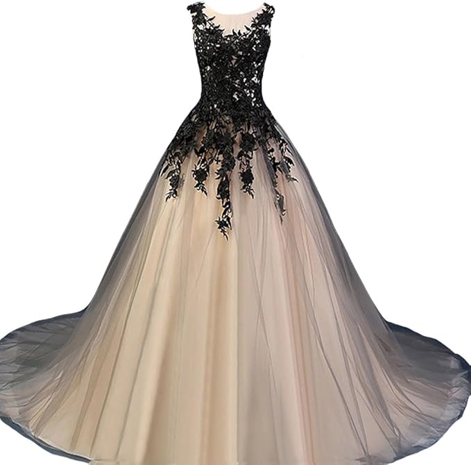 Kivary Gothic Gray Tulle Long Black Lace Sheer Bateau Prom Wedding Dresses