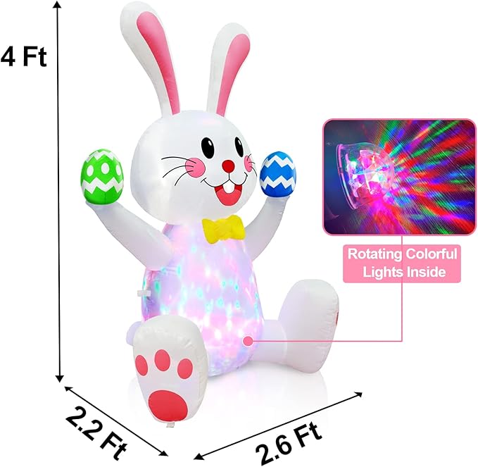 TURNMEON 4FT Rotating Colorful LED Easter Inflatable Bunny Blow up Yard Decorations with Built-in Fan, Waterproof Outdoor Indoor Easter Decor for Garden, Lawn Party, Includes Ground Stakes & Sandbags