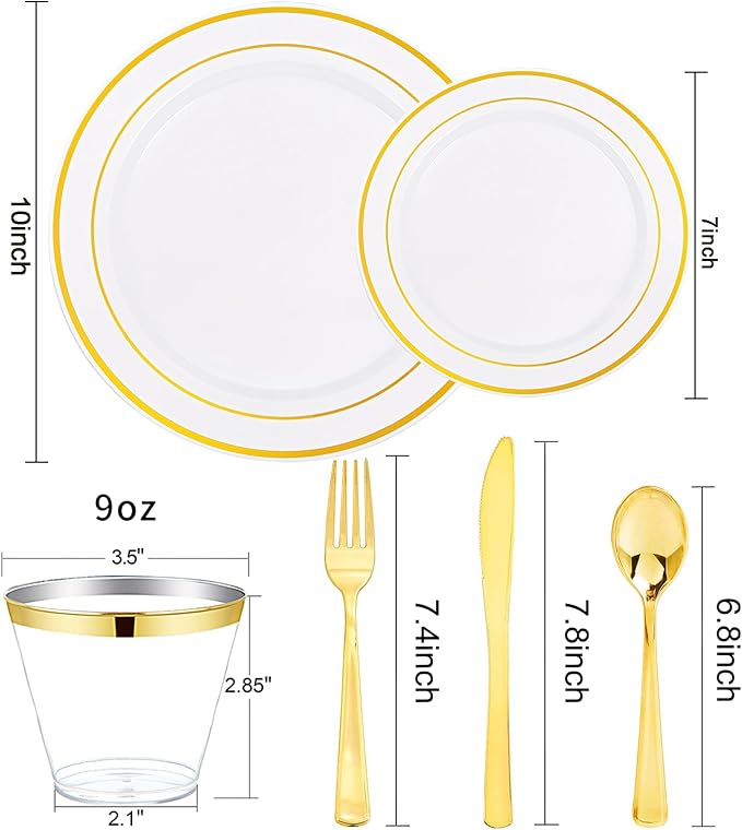 bUCLA 300PCS Gold Disposable Dinnerware Set - White and Gold Plastic Plates - Include 50 Each (Dinner&Dessert) Plates,50 Knives,50 Forks,50 Spoons,50 Cups for Party