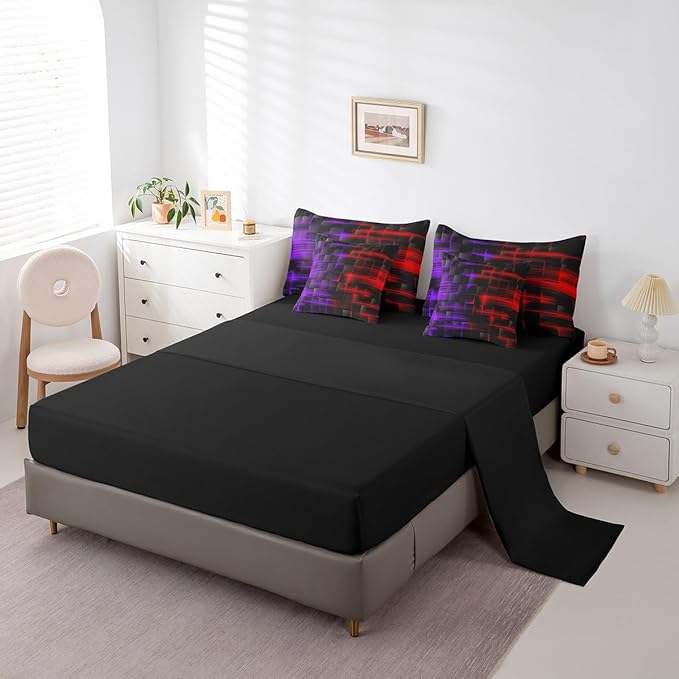 Feelyou Red and Purple Comforter Set with Sheets 7 Piece Queen Size Kids Geometric Bed in a BagStrip Lines Bedding Set Abstract Art Bed Set with Comforter, Sheets,Pillowcases,Cushion Covers