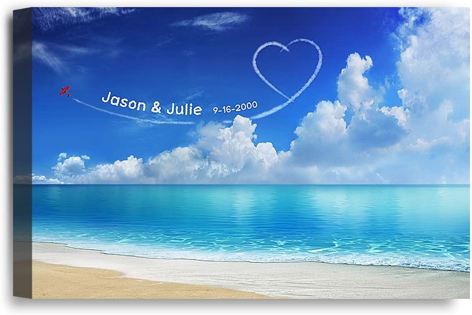 IPIC - Seaside Skywriting Personalized Wall Art with Names, Customized Gift for Couple, Customized Canvas for Wedding Anniversary. 24x16