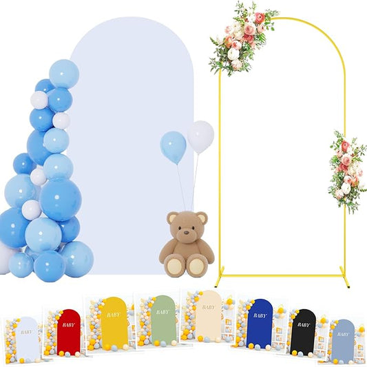 FOTSHARER 7.2FT Wedding Arch Backdrop Stand with White Arch Cover Set Balloon Arch Stand and Spandex Arches Backdrop Stands Cover Metal Back Drop Arches for Birthday Party Ceremony Banquet Decor