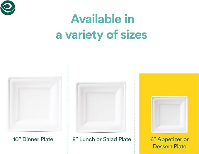 ECO SOUL 6 Inch Compostable Disposable Paper Plates [400 Pack] Food Safe 100% Virgin Bagasse Pulp Heavy Duty Biodegradable Microwave Safe Small Square Dessert Plate for Party, Picnic & BBQ (White)