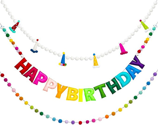 3Pcs Pre-Strung Reusable Happy Birthday Banner - Colorful Felt Ball Garland - Rainbow Party Decorations, Personalized Holiday Sign for Home Classroom Office Decor, Photo Prop Happy Birthday Sign for Kids Birthday Party (Birthday Banner + Felt Hat Garla...