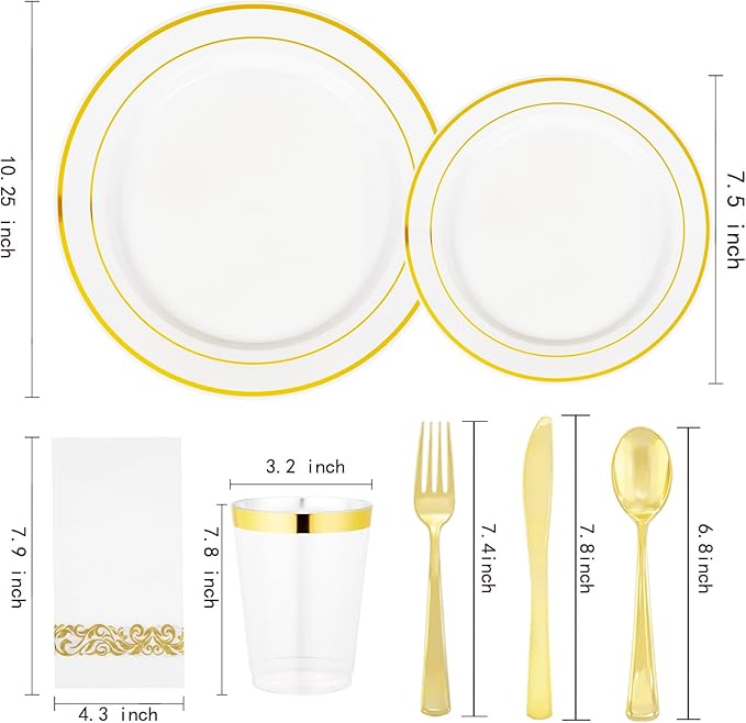 Supernal 400pcs Gold Plastic Dinnerware Set for 50 Guests-Gold Plastic Plates Heavy Duty Disposable Party Plates, 200 Gold Plastic Silverware, Linen Napkins, Clear Cups For Wedding,Birthday