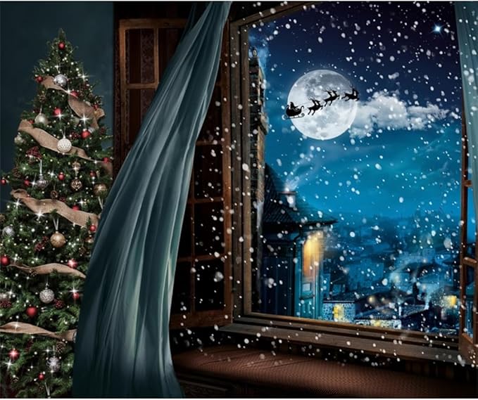 Christmas Backdrop 10x8ft Christmas Window Snowy Scene Photography Backdrop Xmas Tree Snow Background Merry Christmas Happy New Year Party Decoration Banner Portrait Photoshoot Studio Props