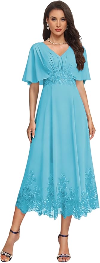 Tea Length Mother of The Bride Dress with Sleeves Laces Formal Evening Gowns for Wedding V Neck Wedding Guest Gown ZMX37
