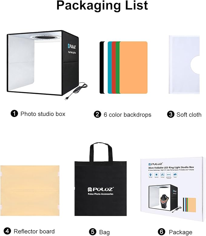 PULUZ Foldable Photo Studio Light Box 30x30x30cm Portable Mini Shooting Tent Kit with LED Ring Light, CRI97, 6 Color Backdrops & Dimmable Lighting for Jewelry, Product Photography, Online Sellers