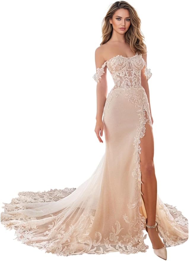 Zeeyecie Mermaid Tulle Wedding Dresses Lace Applique Corset V-Neck Sparkly Bridal Gowns with Train for Brides