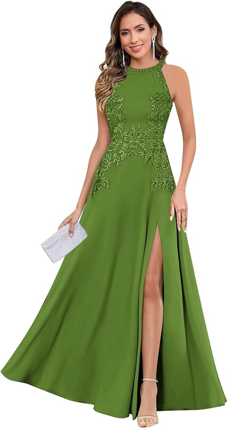 GUKARLEED Halter Lace Appliques Mother of The Bride Dresses for Women Long A-line Formal Wedding Guest Dress with Slit