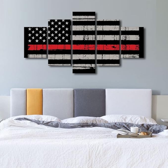 5 Panels Retro American Flag Wall Art Black White and Red US Flag Painting Prints Artwork Modern Home Decor Canvas Wall Art for Home and Office Wooden Decoration Framed Ready to Hang 60x32 in