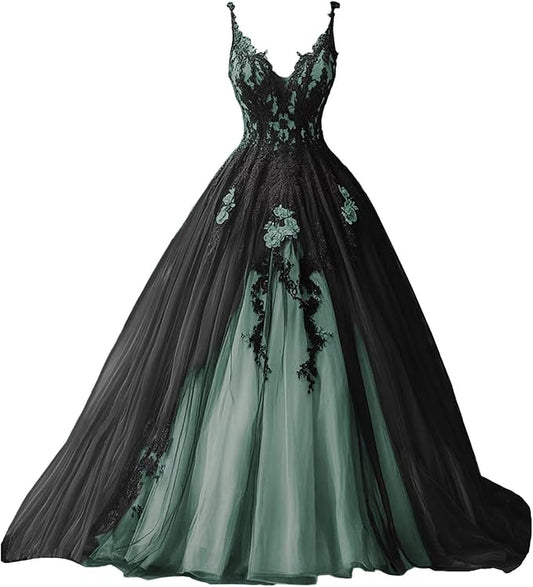 TRHTX Spaghetti Straps Wedding Dresses for Bride Layered Tulle Gothic Black Bridal Gowns Lace Applique Wedding Gowns