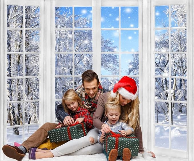 10x8ft Winter Backdrop Christmas Backdrops for Photography Window Snowy Wonderland New Year Background Family Gathering Party Banner Decorations Portrait Photo Booth Props