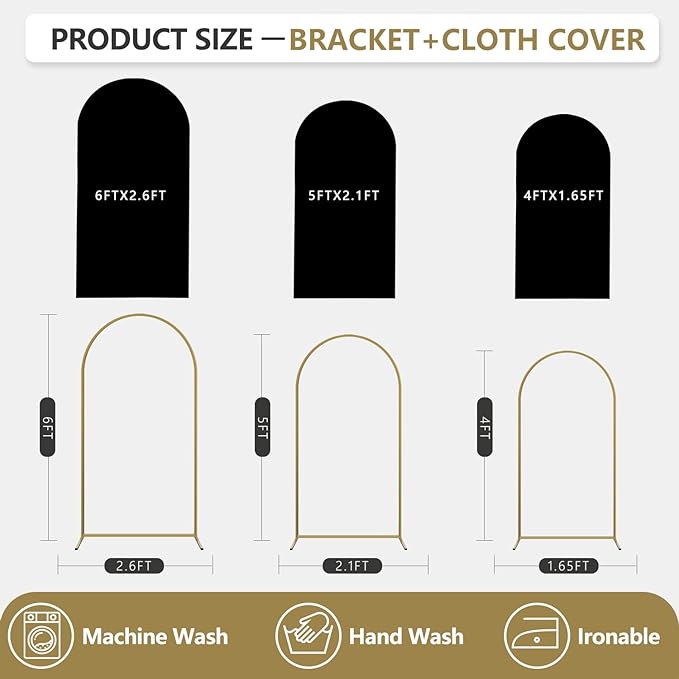 Arch Backdrop Stand and Cover Set, 3 Metal Balloon Arch Backdrop 4ft 5ft 6ft, Gold Arched Stand Frame for Wedding, Parties,Birthday, Backdrop Decorations (Black,4ft+5ft+6ft)