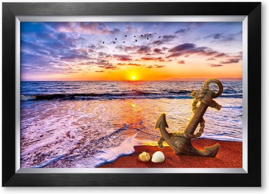 IPIC - "Anchored in Time Personalized Framed Wall Art, Custom Beach Sunset Canvas Print with Name and Date, A Personalized Gift for Couple, Wedding, or Anniversary, Coastal Home Decor