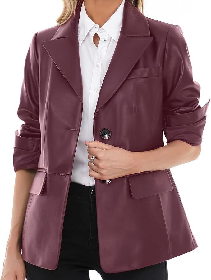 SILVER FASHIONS Lambskin Leather Jacket Women,Long Sleeve Button Front Leather Blazer,Notched Lapel Casual Style,Vent Detail