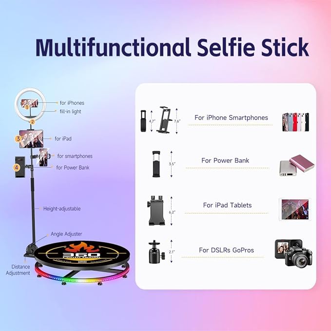HARZHI 360 Photo Booth with Flight Case, 360 Photo Booth Machine with RGB Strip Light for Parties Christmas Wedding, Software APP Remote Control Automatic Spin Accessories (80CM /31.5")