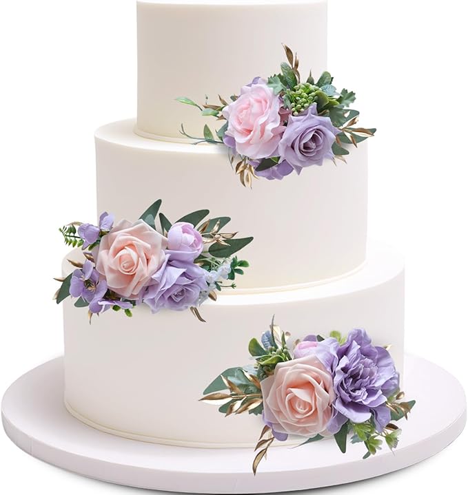 Marriwise 3Pcs Pre-made Cake Toppers Flowers, Pink and Purple Wedding Cake Decoration,Artificial Flowers Decor for Wedding Ceremony Anniversary,Birthday Party, Elegant and Dreamy Purple (Pink Purple)