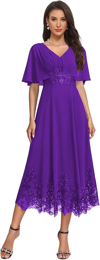 Tea Length Mother of The Bride Dress with Sleeves Laces Formal Evening Gowns for Wedding V Neck Wedding Guest Gown ZMX37