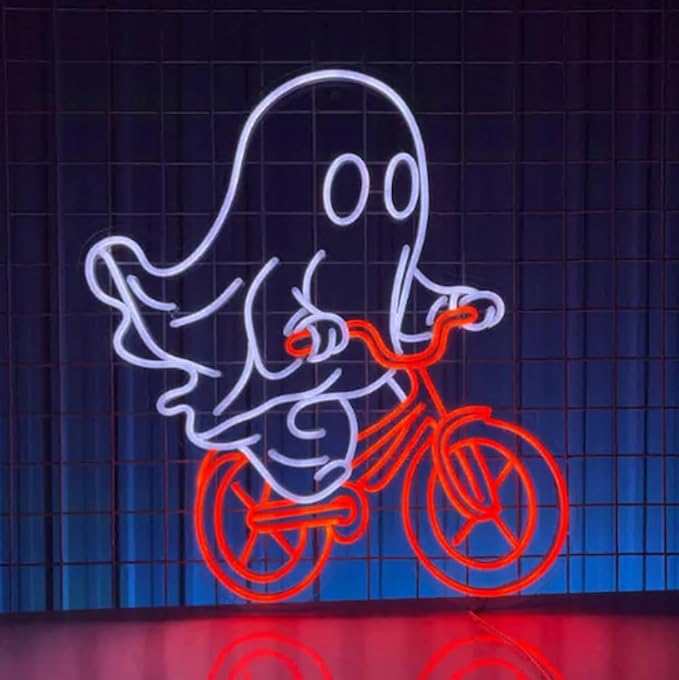 Ghost Riding A Bicycle Neon Sign, Custom Cute Ghost Biker LED Light, Ghost Halloween Neon Light Wall Decor, Ghost Night Light For Home Décor Size:23inches