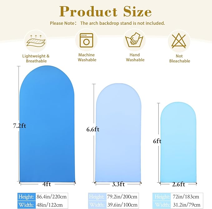 Blue Arch Backdrop Cover 3 Set-7.2FT, 6.6FT, 6FT Spandex Wedding Balloon Arch Stand Covers for Baby Shower Boys Birthday Party Wedding Ceremony Banquet Photo Arch Stand Background Decorations